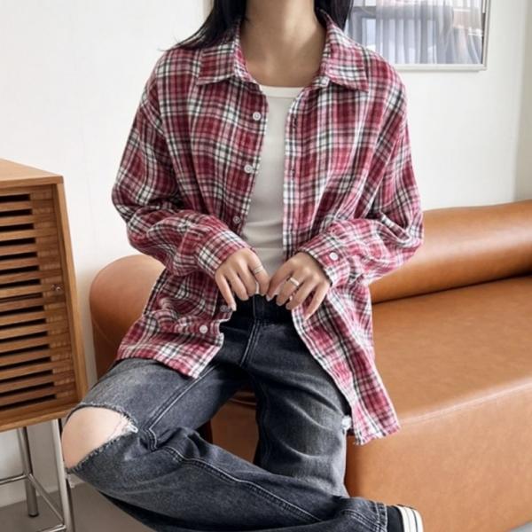 데일리 여성 체크 셔츠 오버핏 블라우스 여자 남방