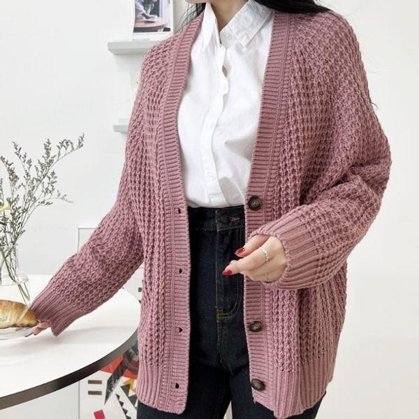 오버핏 여자 가디건 와플 가을 봄 여성 니트 가디건