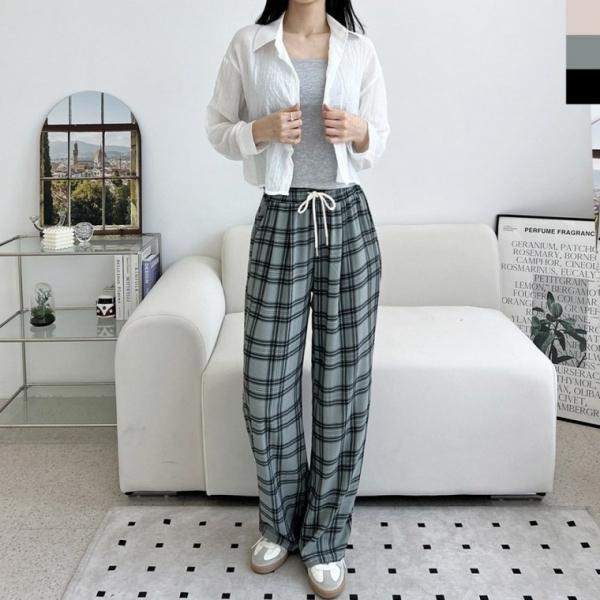 여성 와이드 팬츠 여름 체크 와이드 밴딩 쿨소재 바지