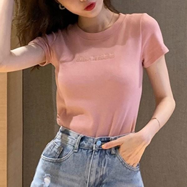 자수 여성 반팔 티셔츠 캐주얼 라운드티 반팔티 4색
