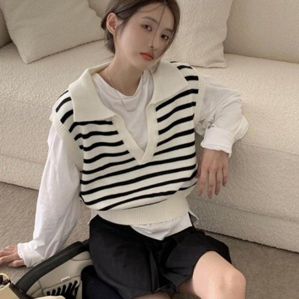 카라 여성 니트 조끼 여자 단가라 크롭 니트 베스트