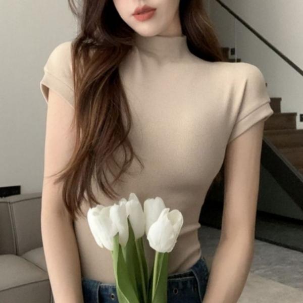 베이직 여성 반목 반팔티 여자 하이넥 이너 반팔티