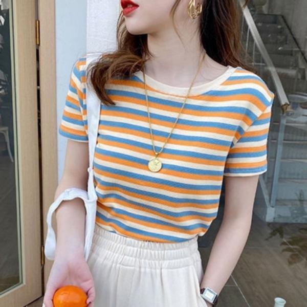 스트라이프 여자 반팔 티셔츠 슬림 여성 여름 반팔티