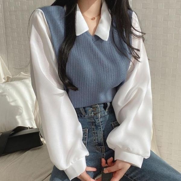 조끼 페이크 여성 티셔츠 카라 블라우스 긴팔 티셔츠