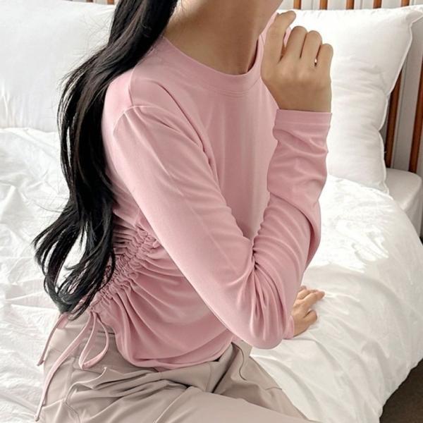 옆스트링 여성 티셔츠 라운드넥 여자 긴팔 티셔츠