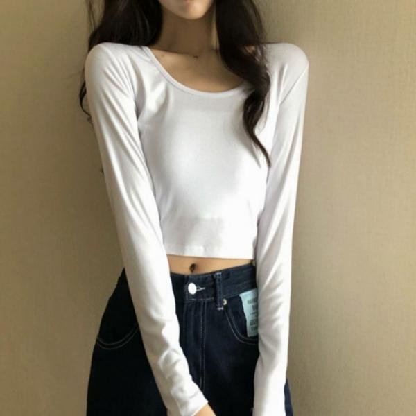기본 여성 티셔츠 세미 크롭티 여자 상의 긴팔 티셔츠