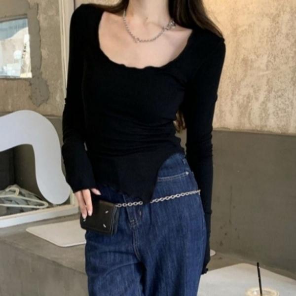 언발란스 여성 티셔츠 슬림핏 상의 여자 긴팔 티셔츠
