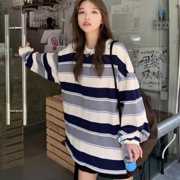 스트라이프 여성 티셔츠 라운드넥 투톤 긴팔 티셔츠