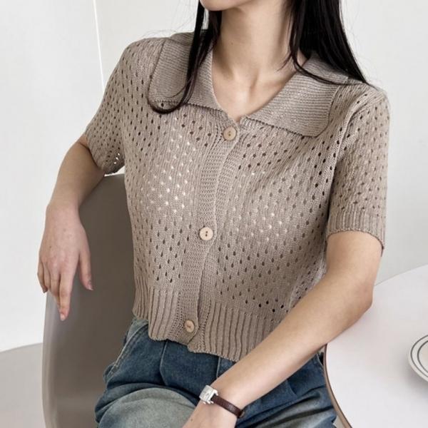 펀칭 여성 니트 가디건 카라 여자 반팔 가디건 3색