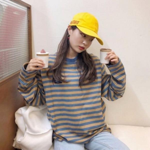 스트라이프 여성 롱슬리브 티셔츠 루즈핏 여자 긴팔티
