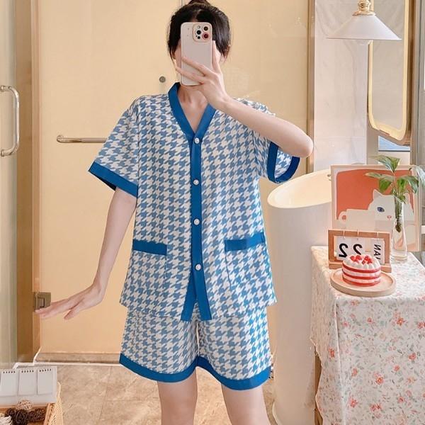 통기성이 좋아 쾌적하고 부드러운 원단 브이넥 체크무늬 파자마 여름 반팔반바지 클래식