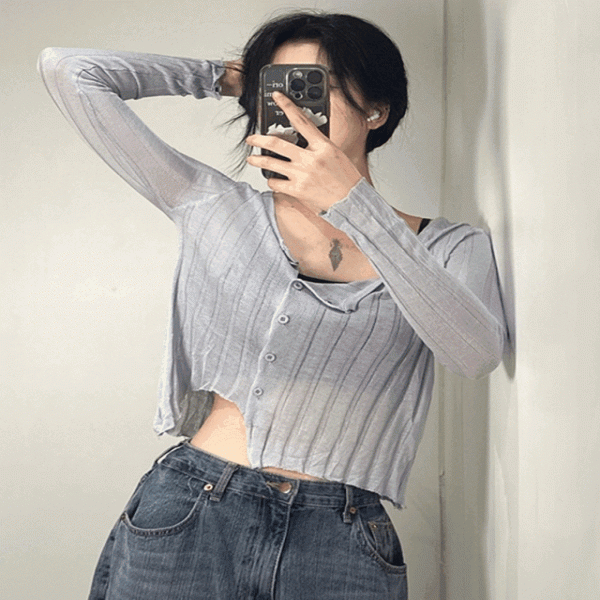 여성 언발 시스루 사선 단추 가디건 티셔츠 3color 여자 트임 세미 크롭 루즈핏 버튼 얇은 긴팔 여름 니트