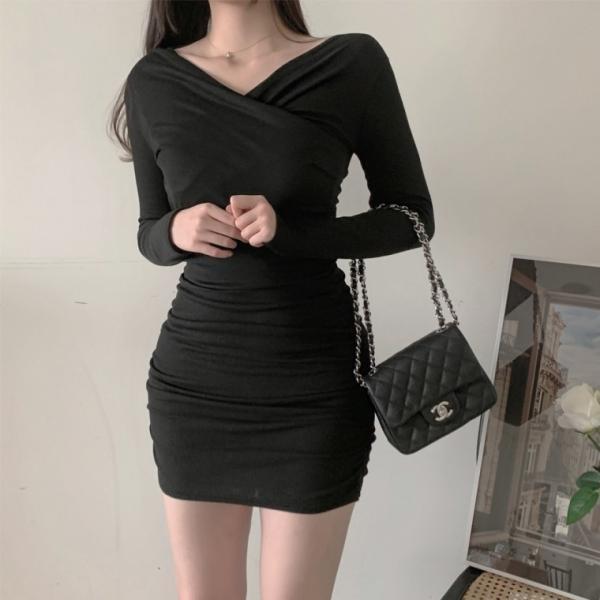 긴팔 미니 원피스 여자 슬림핏 셔링 섹시 파티 스커트