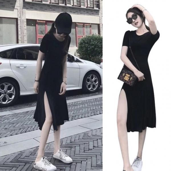 데일리 블랙 원피스 여름 반소매 옆트임 원마일 웨어