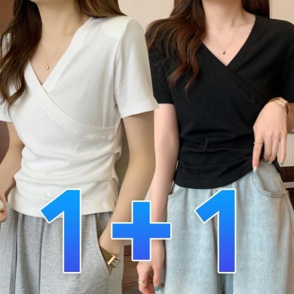1+1 V넥 무지 티셔츠 여자 여름 반팔티 셔링 랩 면티