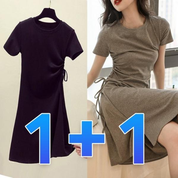 1+1 반팔 미니 원피스 셔링 리본 무지 데이트룩 데일리룩