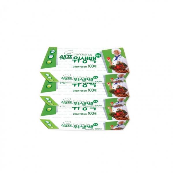 쉐프 위생백 100매 (중형 25x35cm)-3개 일회용비닐팩 위생봉투