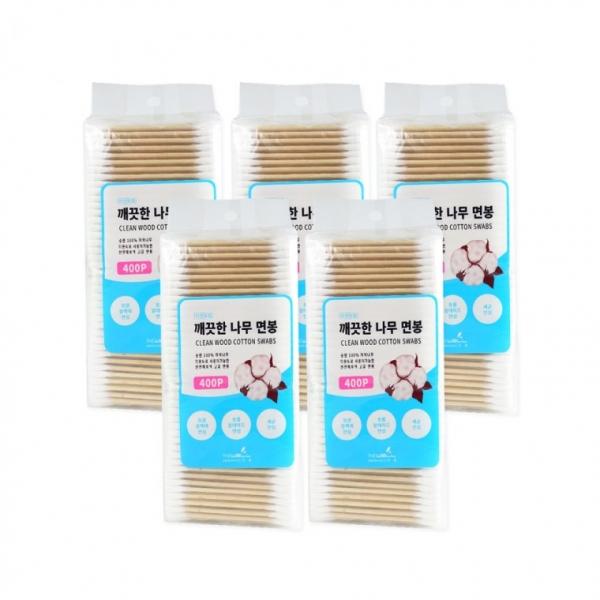 더웰 깨끗한나무면봉 400P(포리백)-5개 나무면봉 멸균 유아 고급면봉