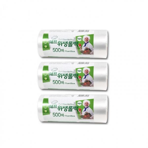 쉐프 위생롤백 대용량 500매 (미니 17x25cm)-3개 일회용비닐 업소용