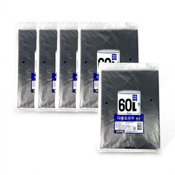 튼튼 다용도봉투 60L (70x90cm 50매) 흑색-5개 분리수거 비닐봉지 비닐봉투 검정비닐 재활용비닐