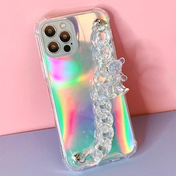 []Linkvu 홀로그램 크리스탈 베어 투명 핸드스트랩 젤하드 케이스 iPhone 14플러스 13프로 12미니 11