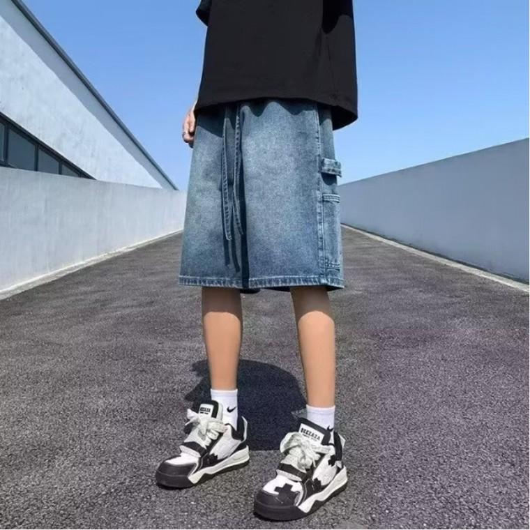 벗우 남자 와이드 데님 반바지 카고 청반바지 여름 루즈핏 버뮤다 팬츠 캐주얼 5부 팬츠 블루