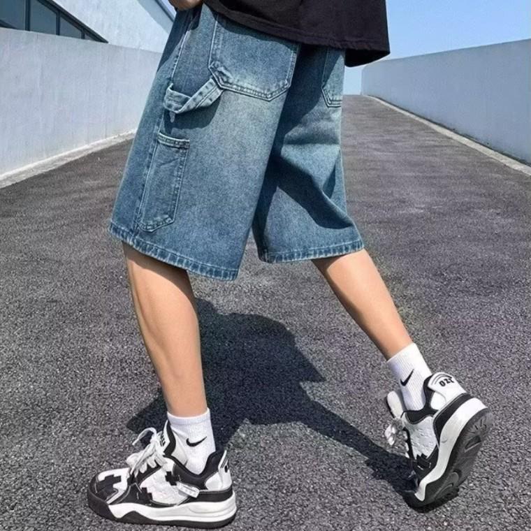 벗우 남자 와이드 데님 반바지 카고 청반바지 여름 루즈핏 버뮤다 팬츠 캐주얼 5부 팬츠