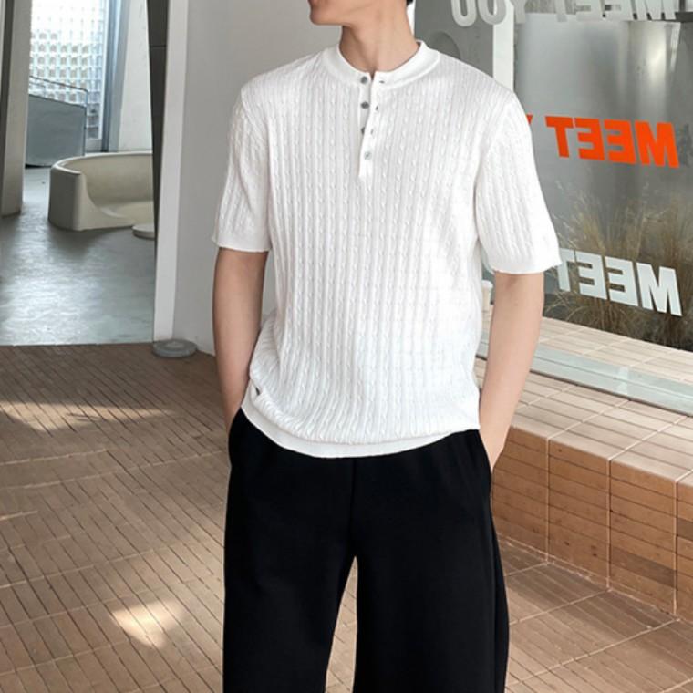 벗우 남성 헨리넥 케이블 반팔 니트 여름 꽈배기 버튼 니트티 캐주얼 티셔츠