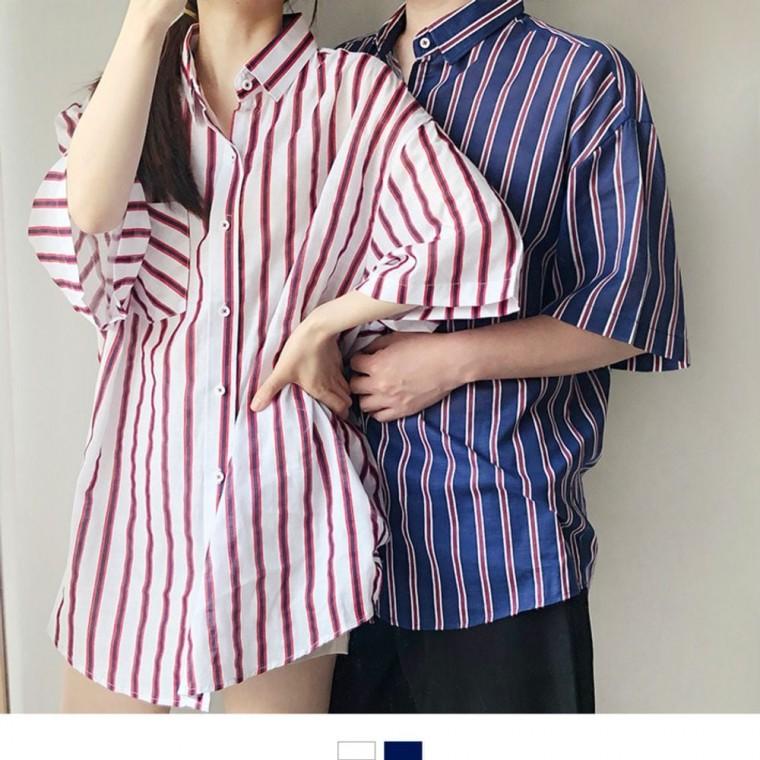 스트라이프 셔츠 남녀 공용 여름 오버핏 반팔 커플 커플룩 남자 루즈핏 데일리