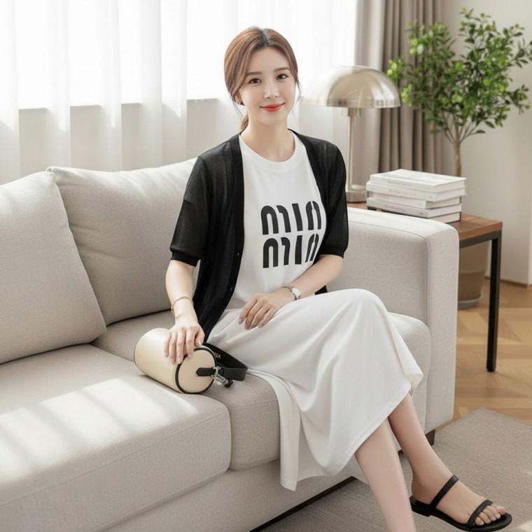 롱 원피 레터링 옆트임 캐주얼 원피스 롱스커트 여름 반팔