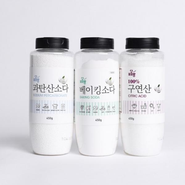 다목적 세정제3종세트 베이킹소다+과탄산소다+구연산 분말형450g 투명용기