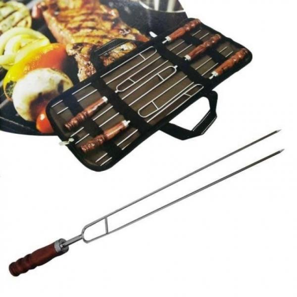 원목 스텐레스 바베큐 쌍열꼬챙이 5P 원목손잡이 BBQ 꼬치 스테인레스 가방