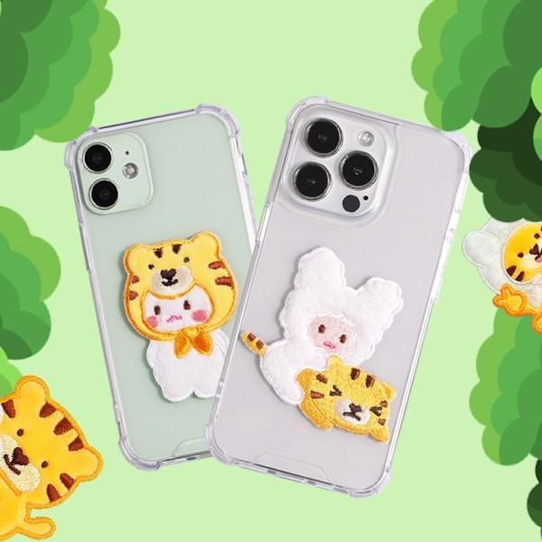 []Linkvu 베이비타이거 페브릭패치 투명 젤하드케이스 iPhone16 15 14 플러스 13프로 12미니 11 프로