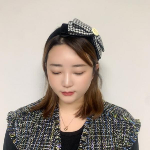 벨벳 체크 빅리본 헤어밴드 진주 큐빅 머리띠