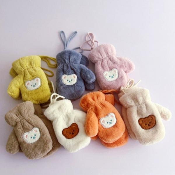 [앙상블] 아동 곰돌이 퍼 벙어리 장갑 끈 글러브 어린이 키즈 유아 털