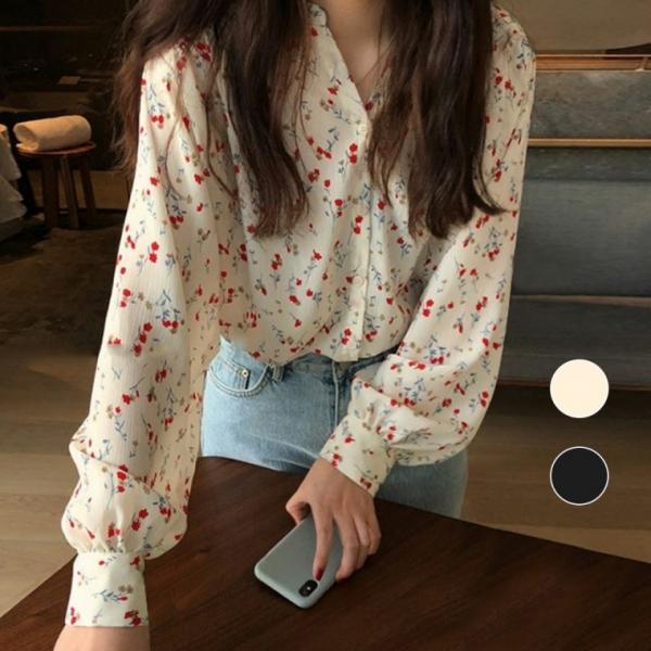 플로럴 쉬폰 블라우스 구김없는 봄가을 퍼프 긴팔