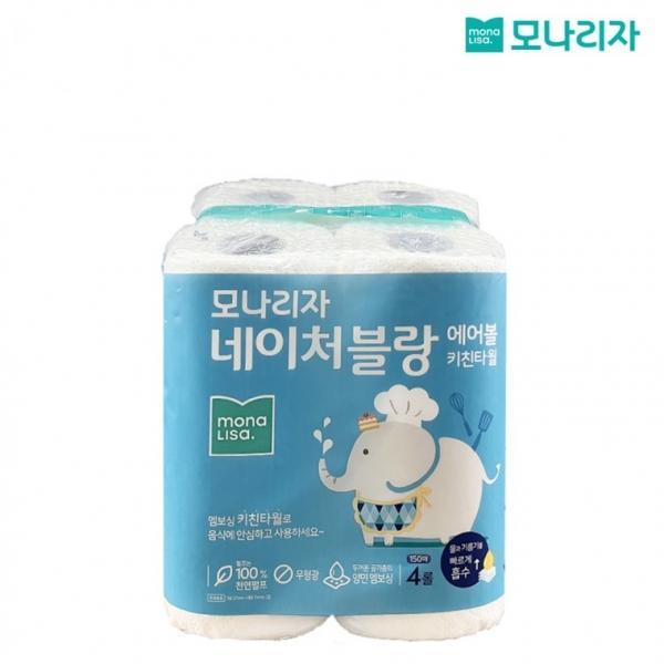 모나리자 네이처블랑 키친타월 150매*4롤 1개 키친타올 무형광 펄프