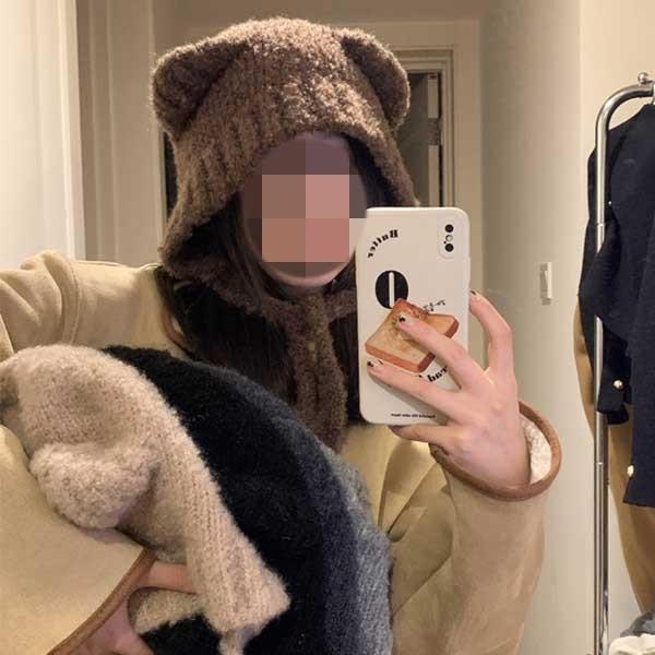 곰돌이귀 니트 뜨개 바라클라바 후드 모자