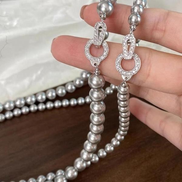 패션 쉘비즈 흑진주 지르코니아 포인트 고리 목걸이