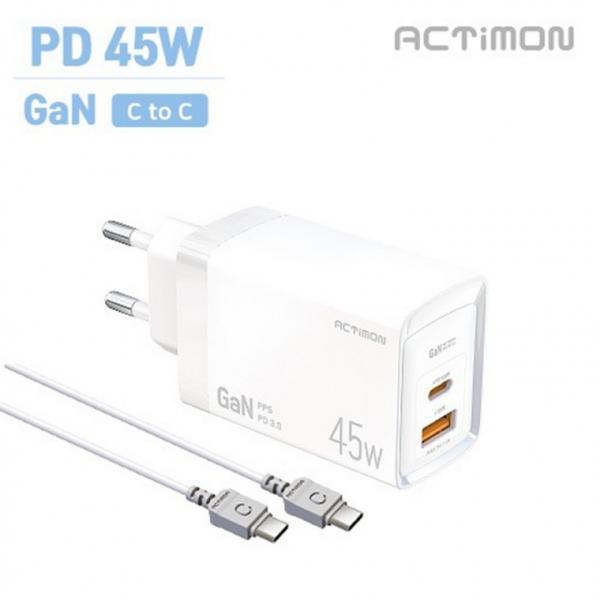 [인씨네] 액티몬 PPS PD 45W 초고속 가정용충전기 GAN C포트+QC3.0 USB 2구 듀얼 CtoC 케이블