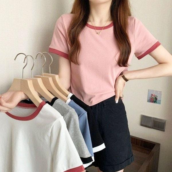 은창]넥 라인 파스텔 세미 크롭 반팔 티셔츠 여름 상의 봄 가을 반팔 상의 블라우스 티셔츠 셔츠