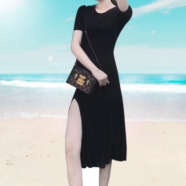 반팔 블랙 원피스 편한 루즈핏 A라인 트임 스커트