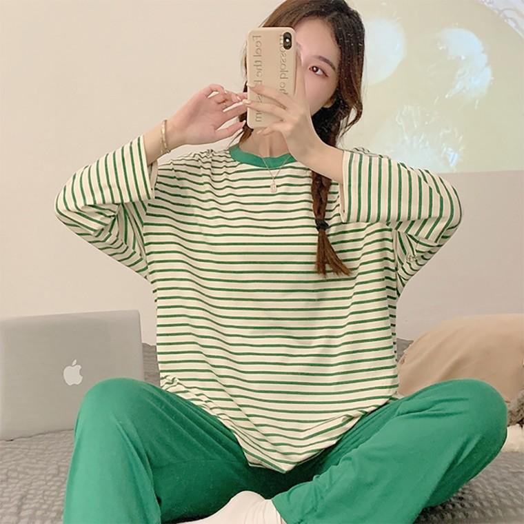 [민메이커] 홈웨어상하세트 캡내장잠옷 긴팔 바지 홈웨어 노브라티셔츠 브라캡 단가라 파자마 (당일출고)