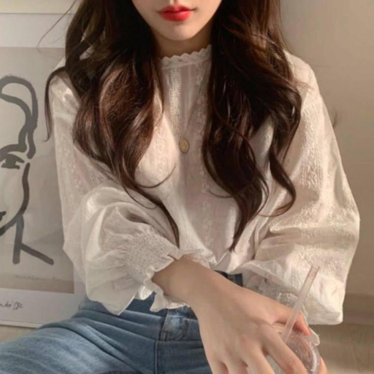 여성 프릴 주름 소매 블라우스 긴팔 페미닌 데일리 상의