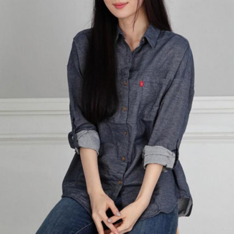 여성 루즈핏 일반핏 심플 기본 면 데님 청 셔츠 청남방
