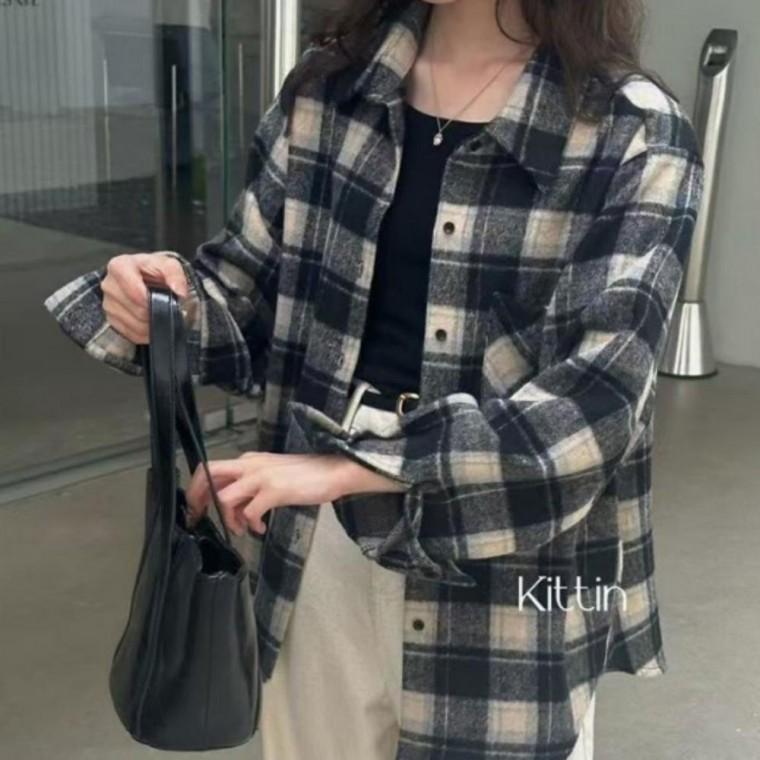 여성 겨울 루즈핏 남방 체크 오버핏 도톰 기모 셔츠