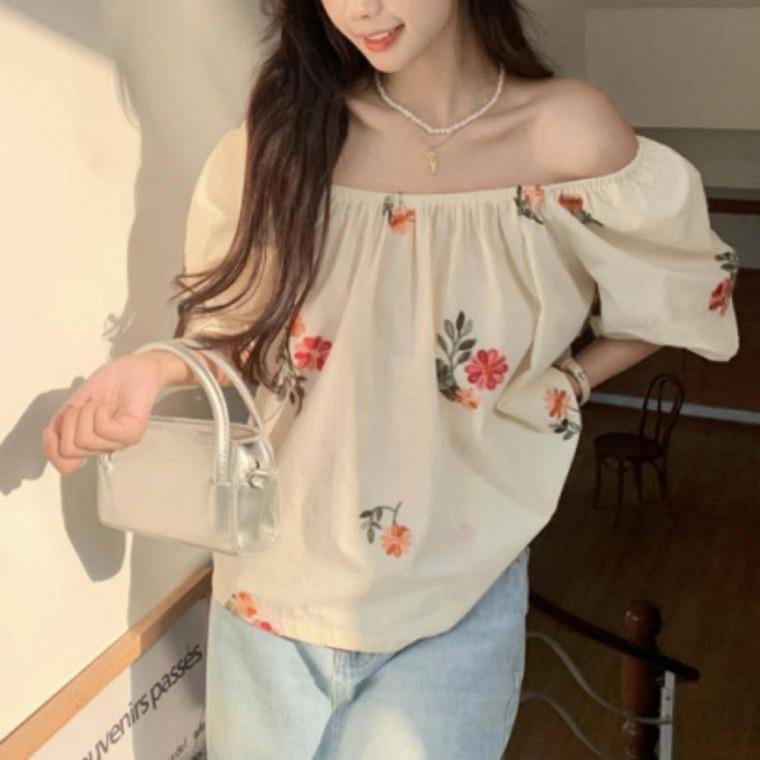 오프숄더 꽃무늬 블라우스 여성 쉬폰 오프숄더 셔츠 긴팔 상의