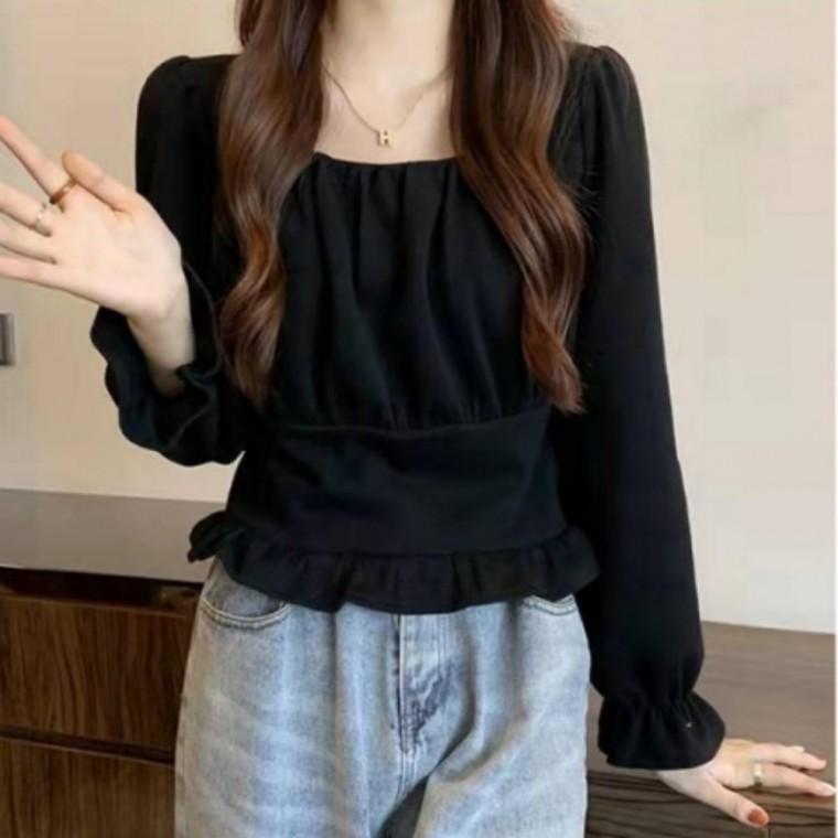 스퀘어넥 셔링 긴팔 블라우스 가을 겨울 여자 오피스 정장 셔츠 슬림라인 주름 볼륨 탑