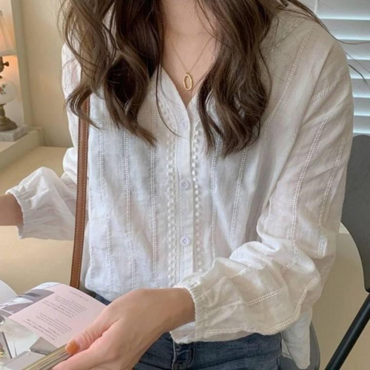 여성 브이넥 거즈면 블라우스 긴팔 루즈핏 무지 셔츠 남방 상의