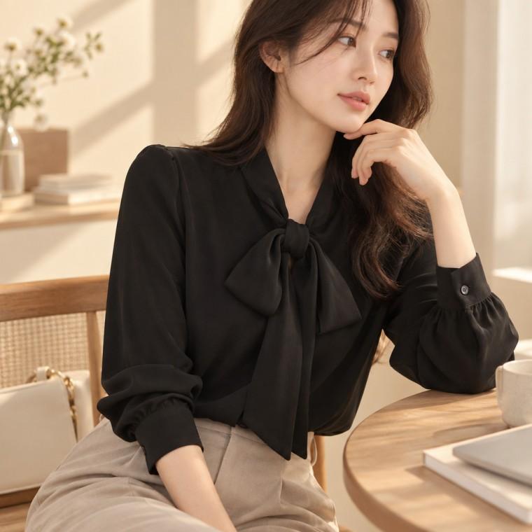 스카프 블라우스 결혼식 하객룩 피로연 쉬폰 셔링 고급